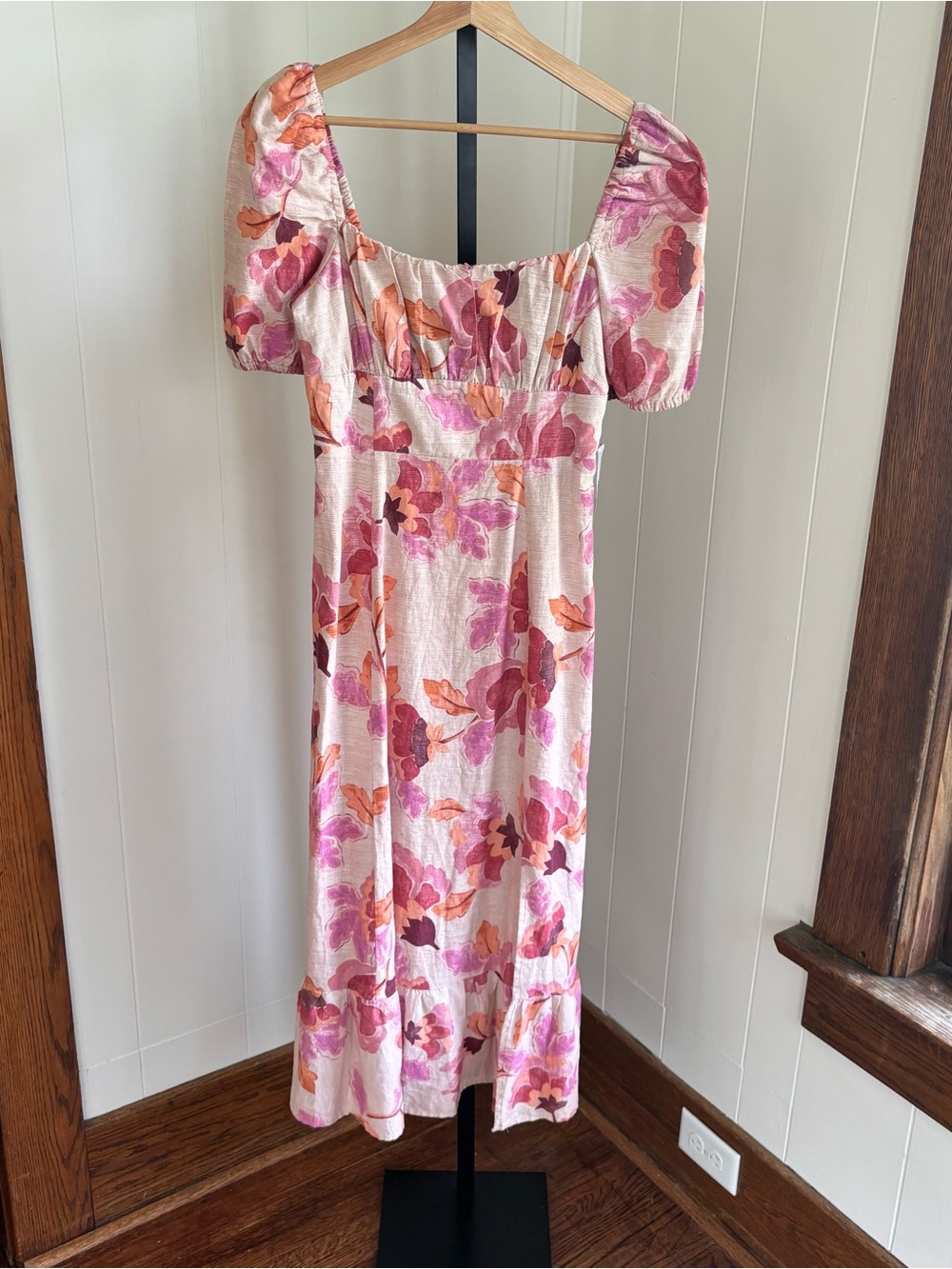 London Times Floral Linen Blend Midi Dress Pink Orange Puff Sleeve Womens 4 NWT
